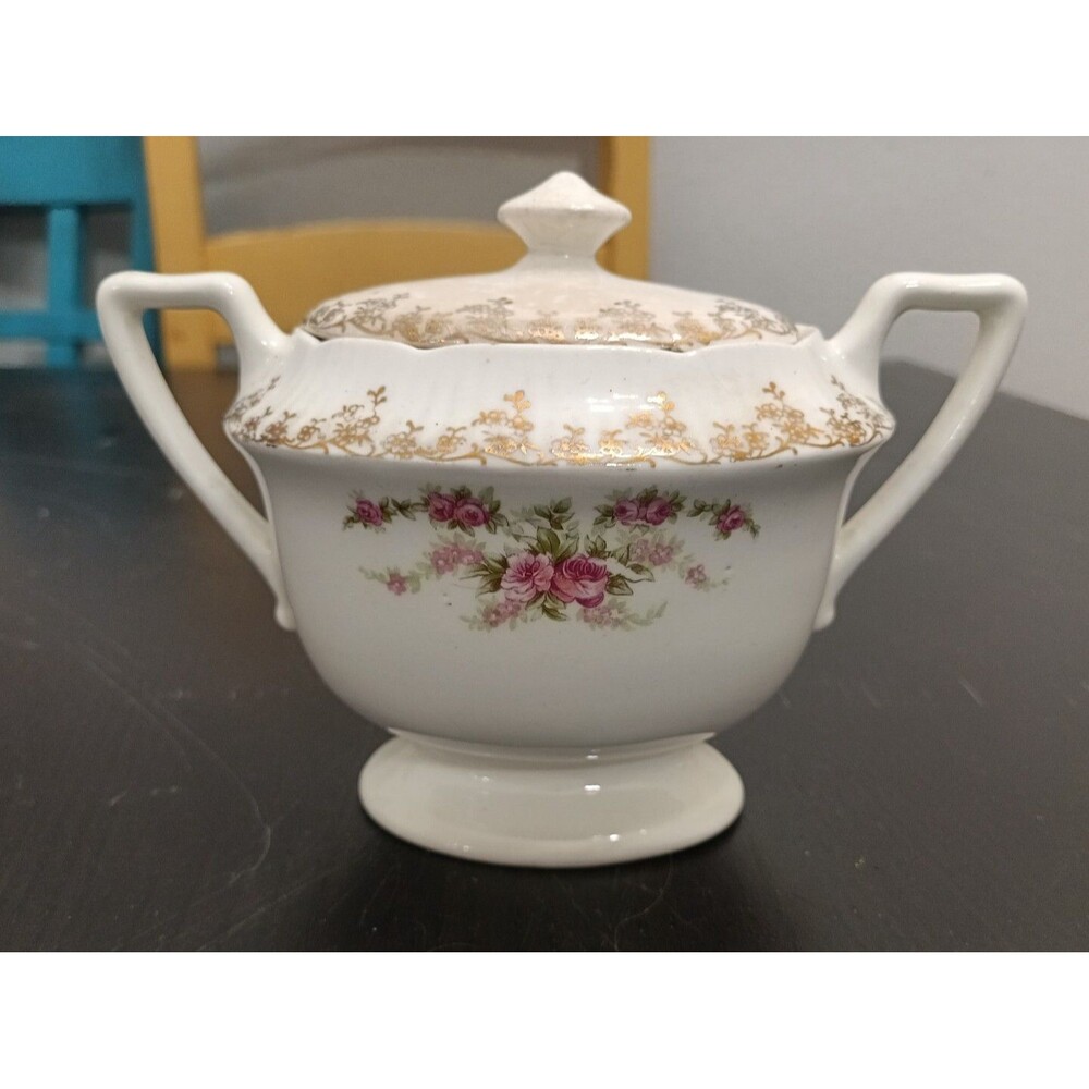 Vintage W. S. George China Astor Shape Pink Flowers Sugar Bowl w/ lid